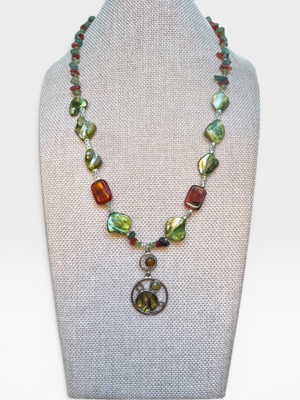 Artisan Green Mother of Pearl, Peridot, Carnelian & Aventurine Pendant Necklace - Picture 3 of 10